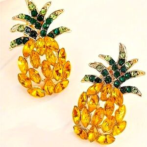 pineapple jeweled earrings vacation travel cruise fruit stud costume jewelry